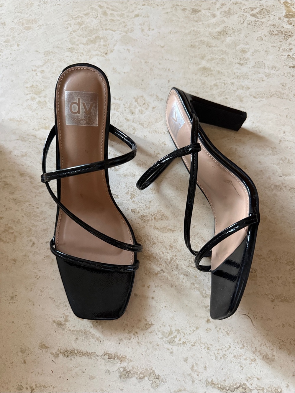 DV by Dolce Vita Black Patent Strappy Square-Toe Block Heels